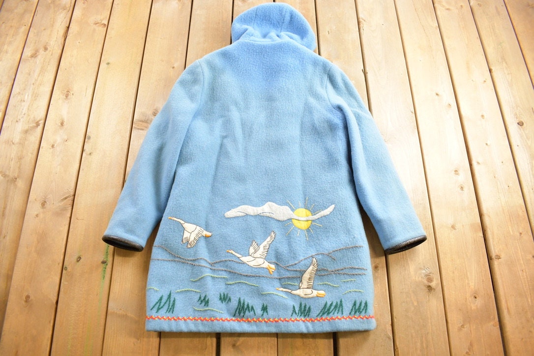 Vintage 1970s Goose Theme Embroidered James Bay Long Jacket / Fur Collar / Winter Duffle Coat / Made In Canada / Pure Virgin Woo