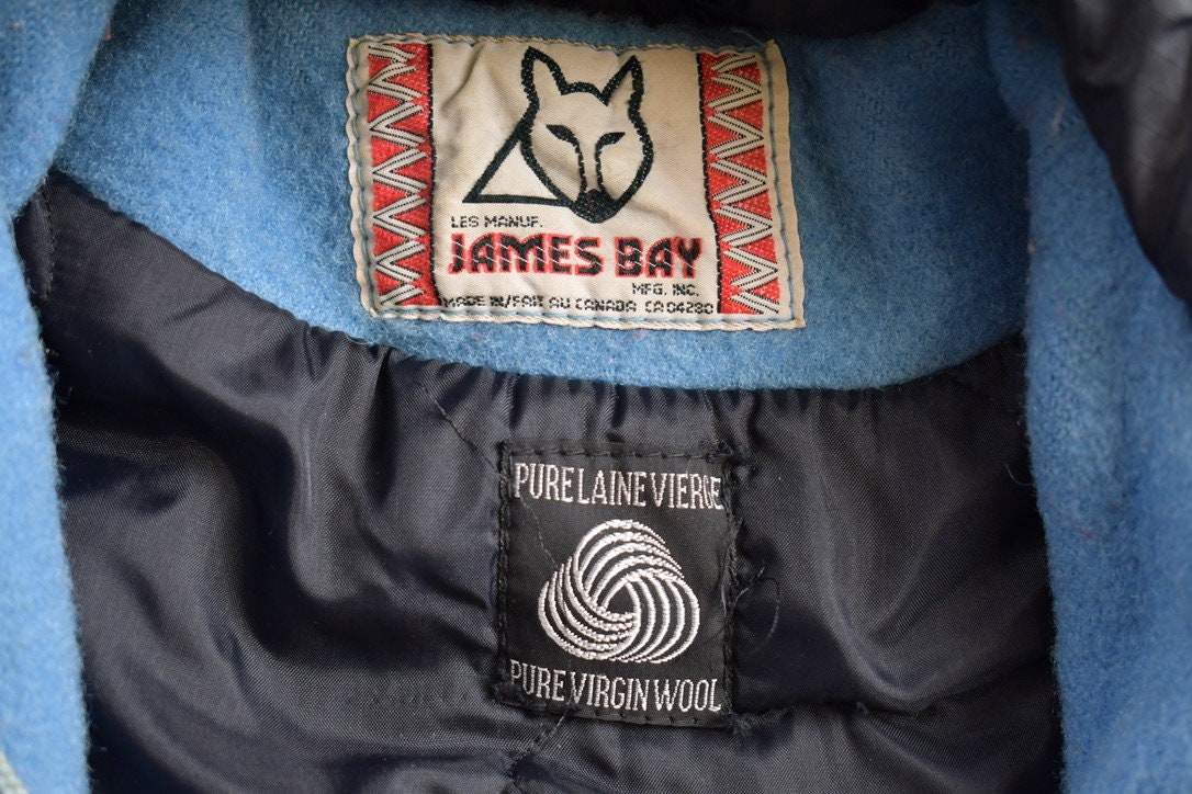 Vintage 1970s Goose Theme Embroidered James Bay Long Jacket / Fur Collar / Winter Duffle Coat / Made In Canada / Pure Virgin Woo