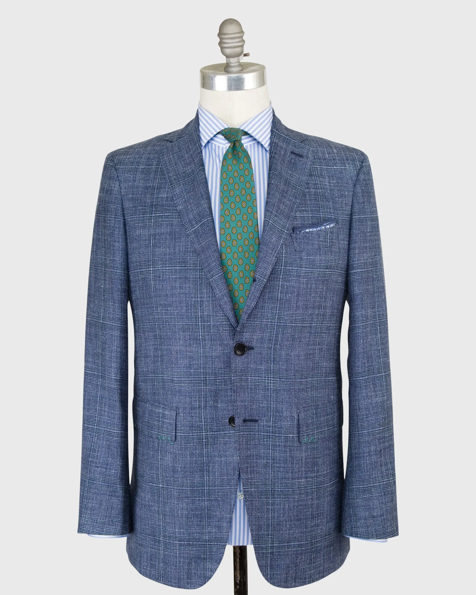 Virgil No. 3 Jacket in Navy/Sky/Spruce Glen Plaid Rustic Wool Blend Hopsack