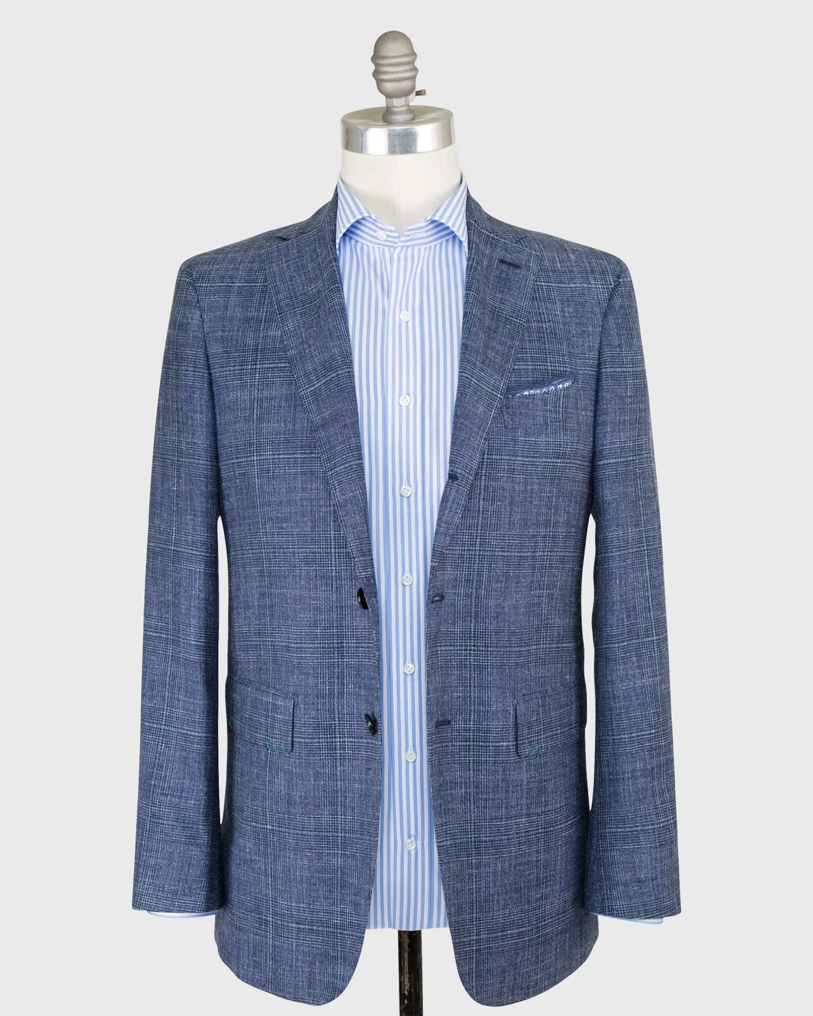 Virgil No. 3 Jacket in Navy/Sky/Spruce Glen Plaid Rustic Wool Blend Hopsack