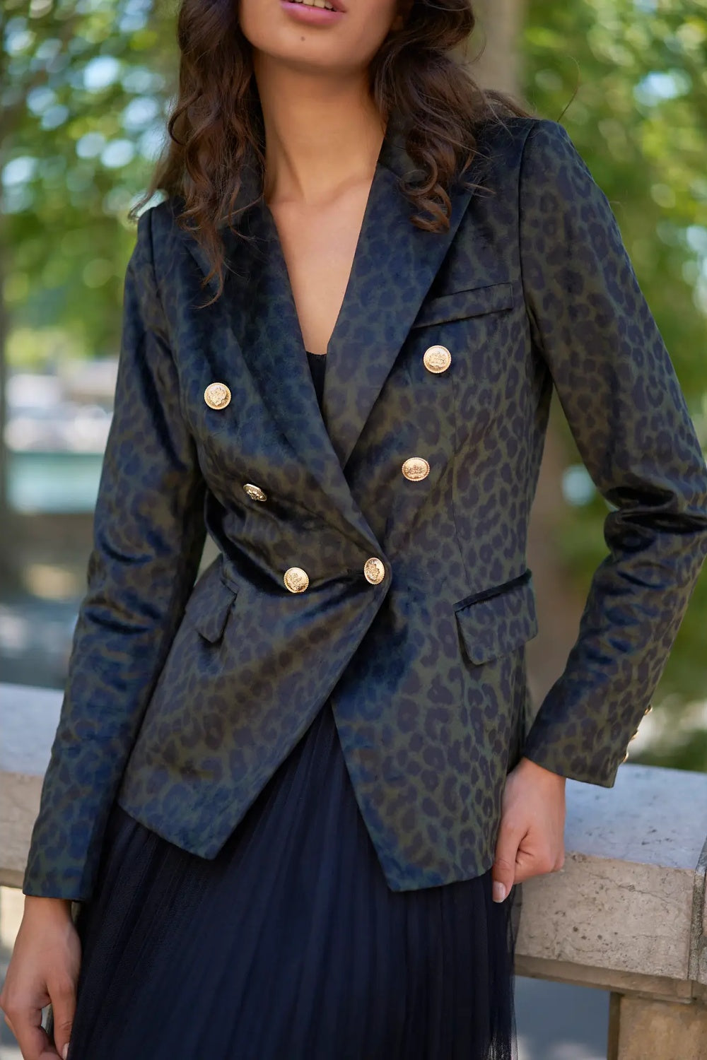 VIVIENNE DOUBLE BREASTED VELVET BLAZER KHAKI LEOPARD