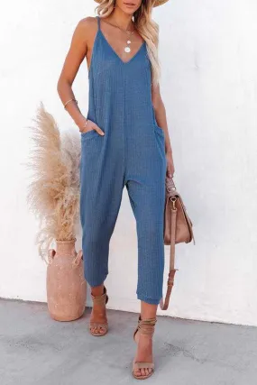 Waffle V Neck Spaghetti Straps Jumpsuits