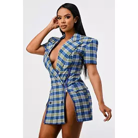 Wide Collared Double Breasted Plaid Blazer Mini Dress