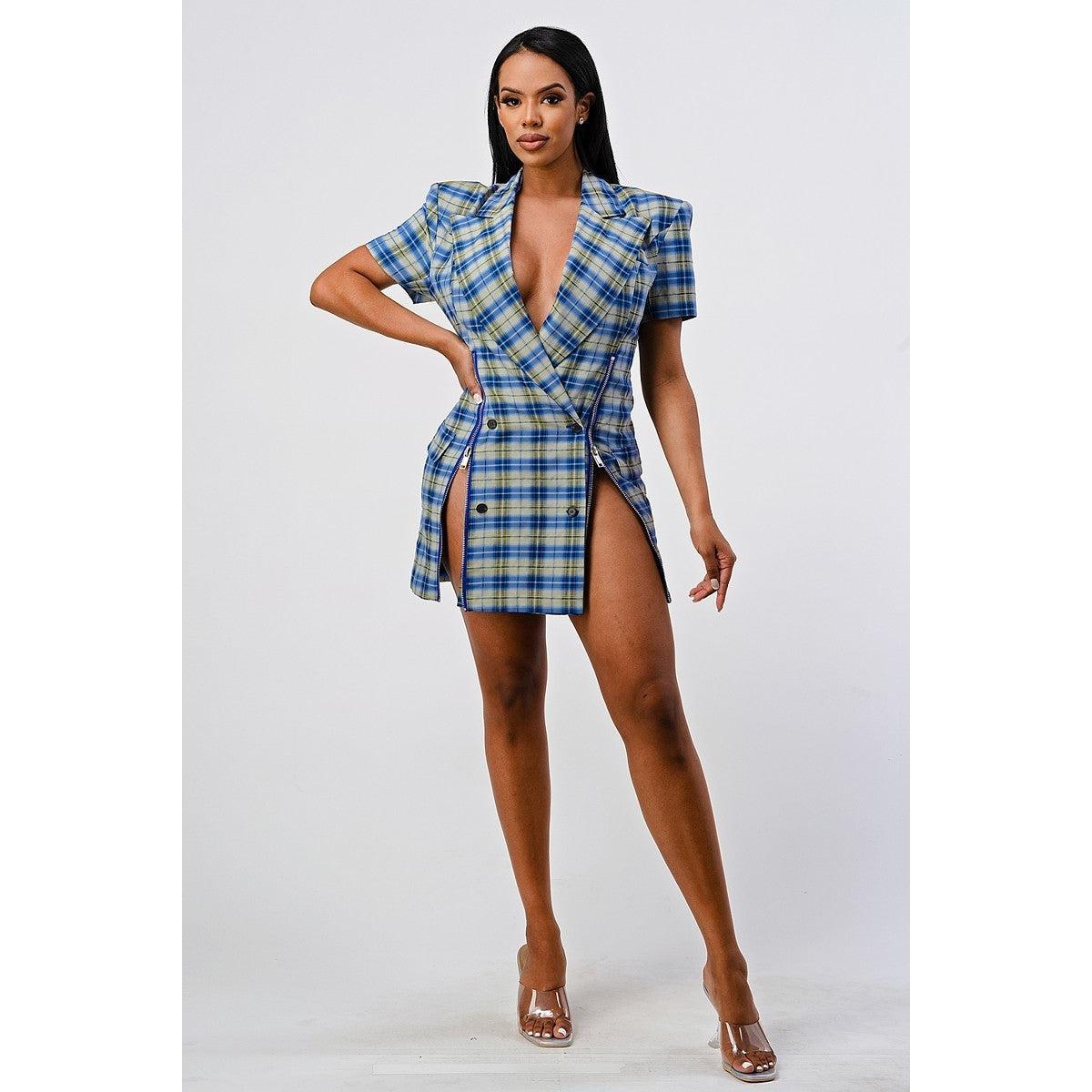 Wide Collared Double Breasted Plaid Blazer Mini Dress