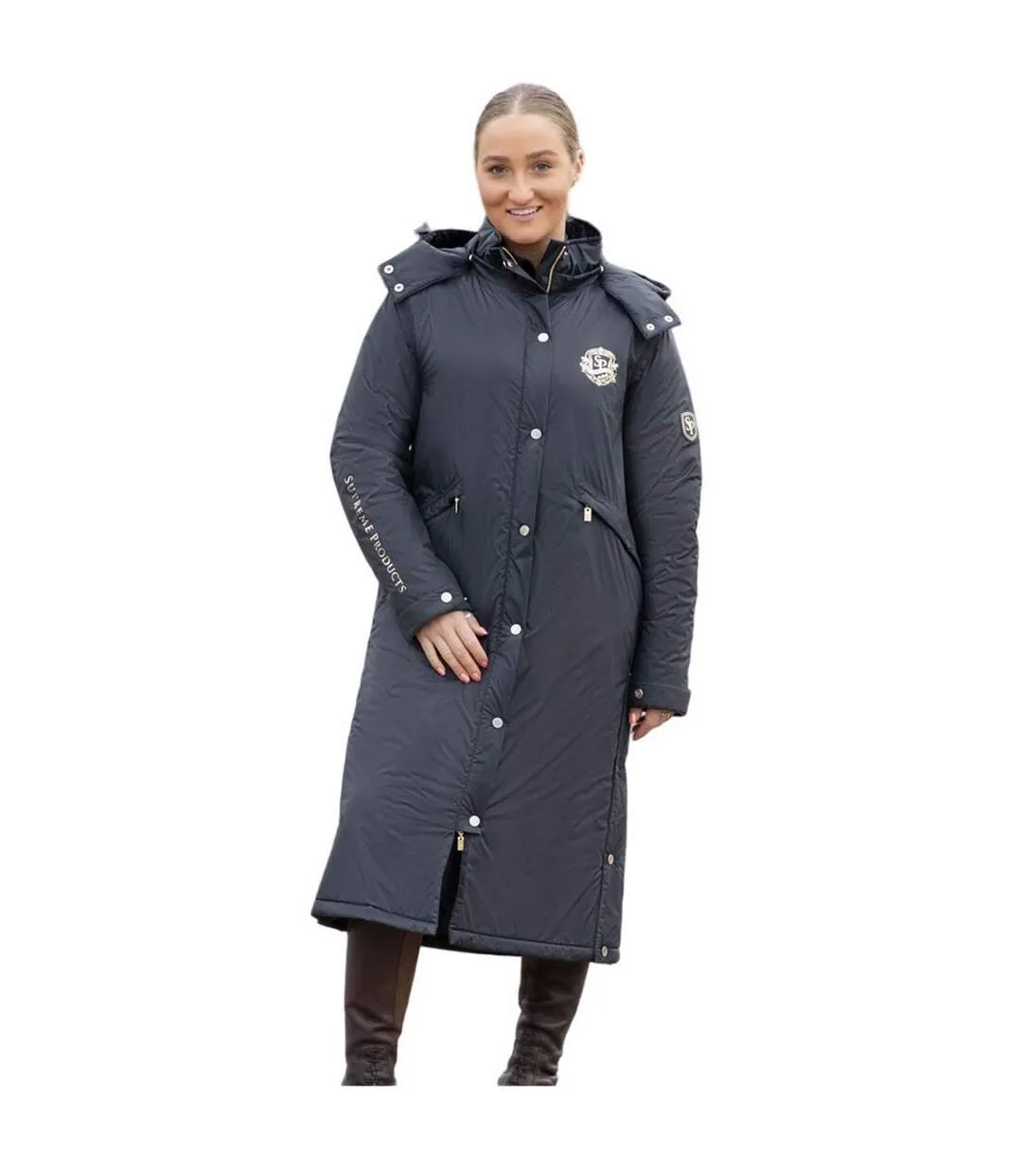 Womens/ladies active show rider waterproof horse riding jacket black/gold Supreme Products