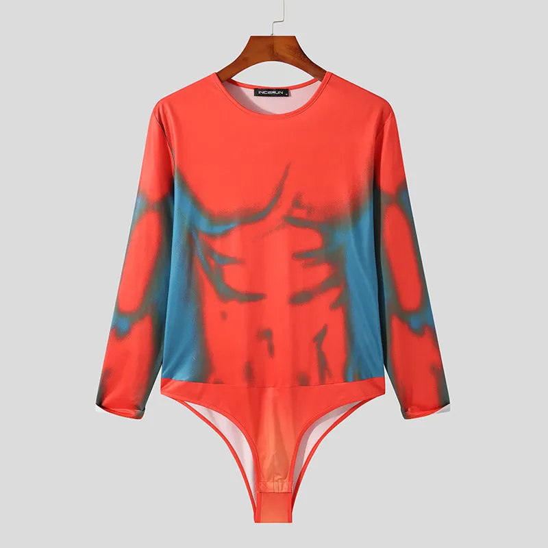 Xituodai Men Bodysuits Printing Round Neck Homewear Long Sleeve Pajamas Rompers Men Cozy Sexy Fitness Leisure Bodysuit S-5XL INC