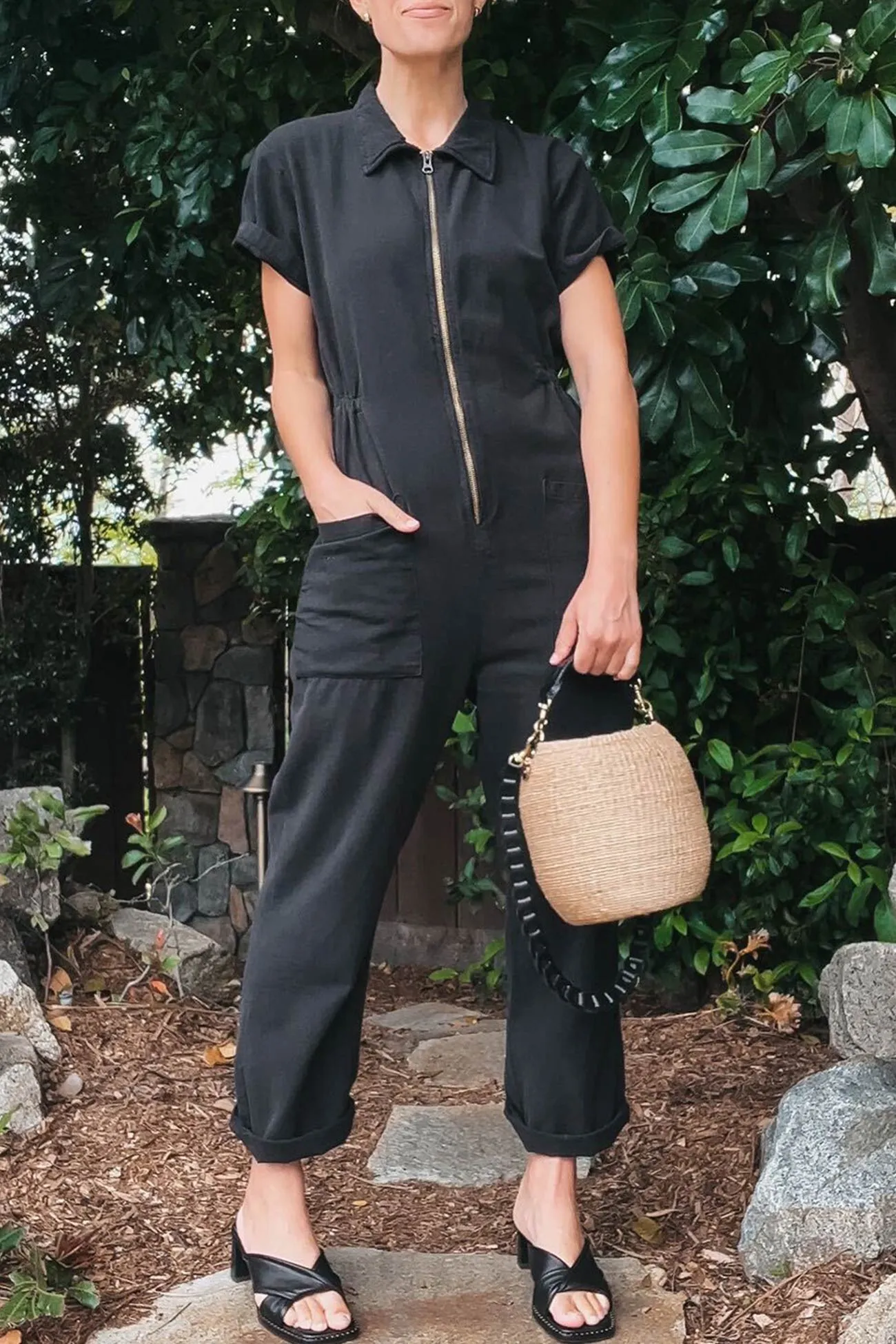 Zip-up Short Sleeve Cotton Linen Jumpsuits