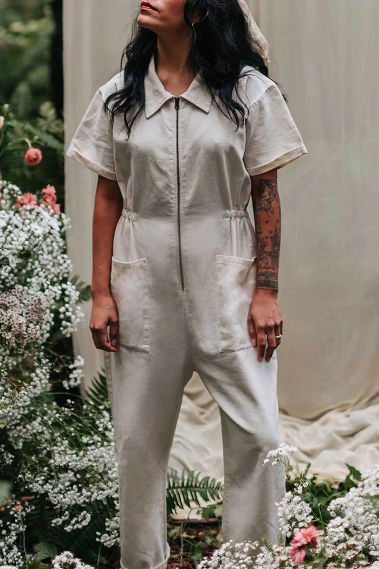 Zip-up Short Sleeve Cotton Linen Jumpsuits